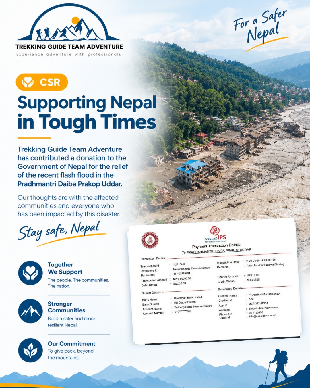 Trekking Guide Team Adventure CSR donation receipt - NPR 50,000 to Pradhanmantri Daiba Prakop Uddar for flash flood relief in Dhading, Rasuwa and Nuwakot