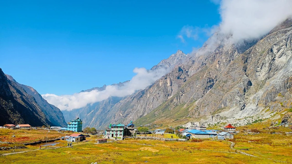Kyanjin Gompa village in the Langtang Valley with mountain backdrop