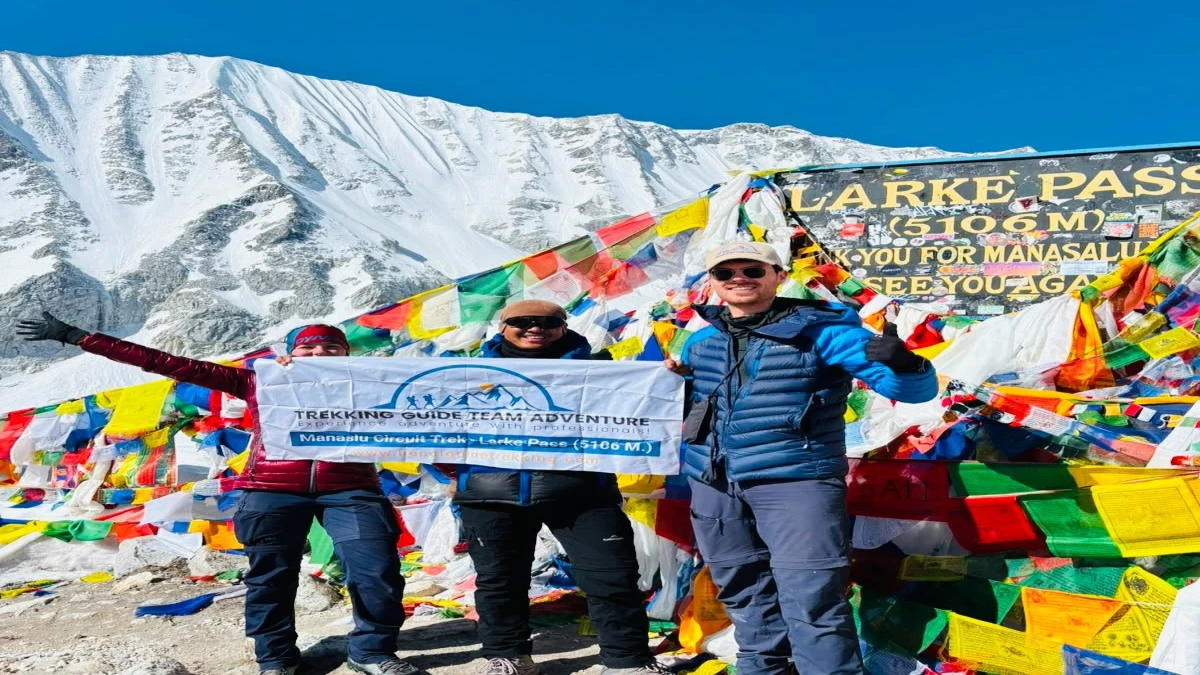 Larkya La Pass at 5,106m on the Manaslu section of the combined trek