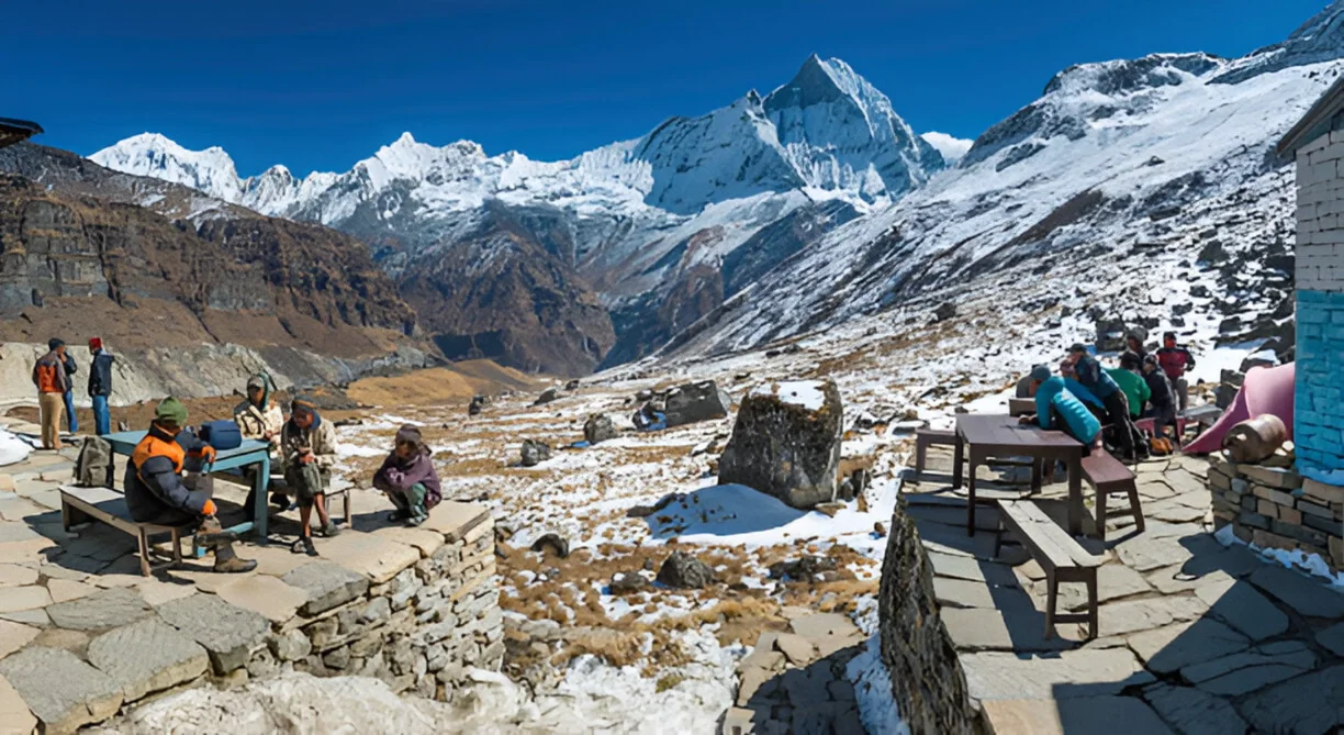 Teahouse terrace at Annapurna Base Camp with Machapuchhre Fishtail peak