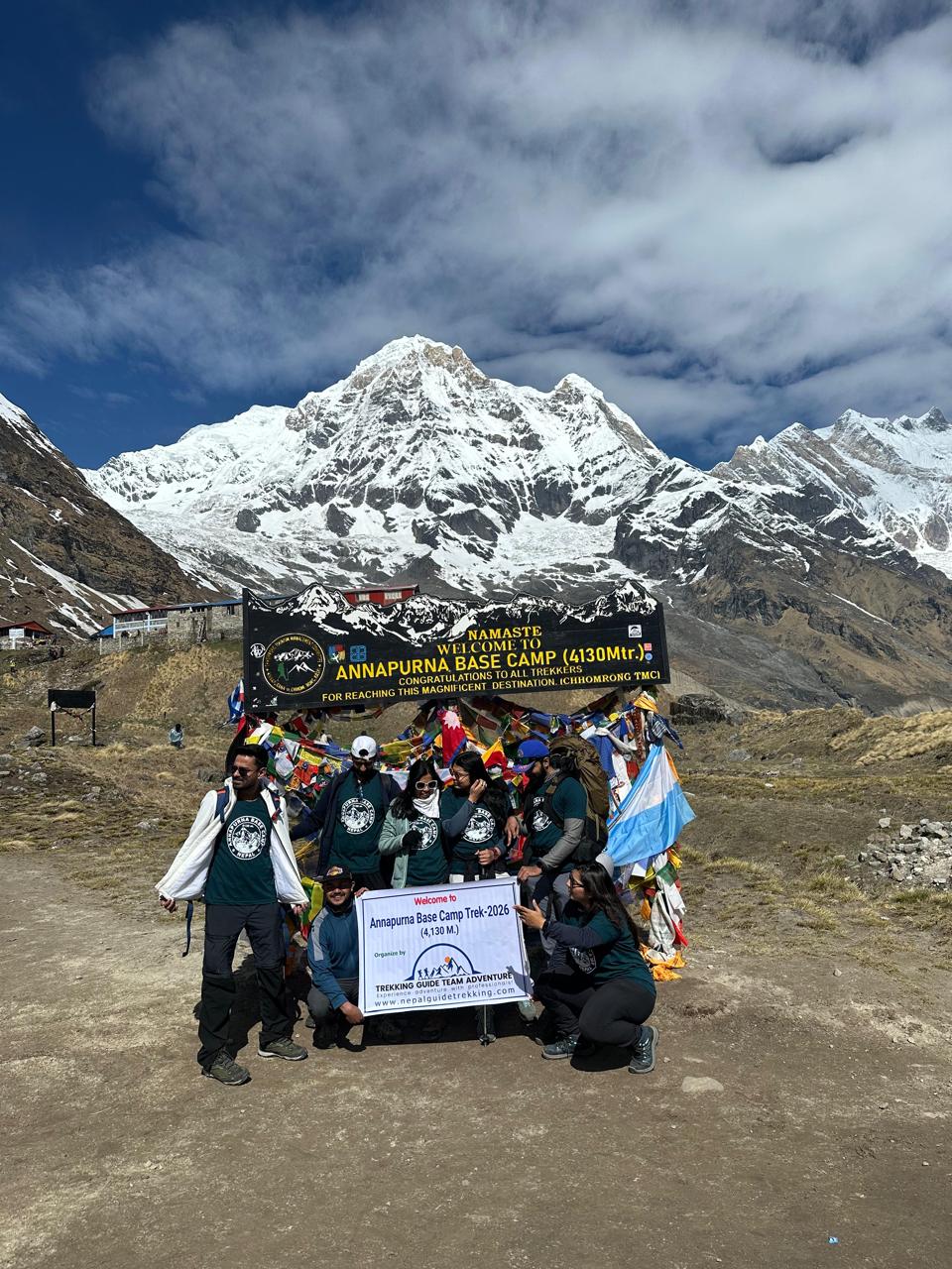 Annapurna Base Camp Trek Nepal group with Trekking Guide Team Adventure banner 4130m