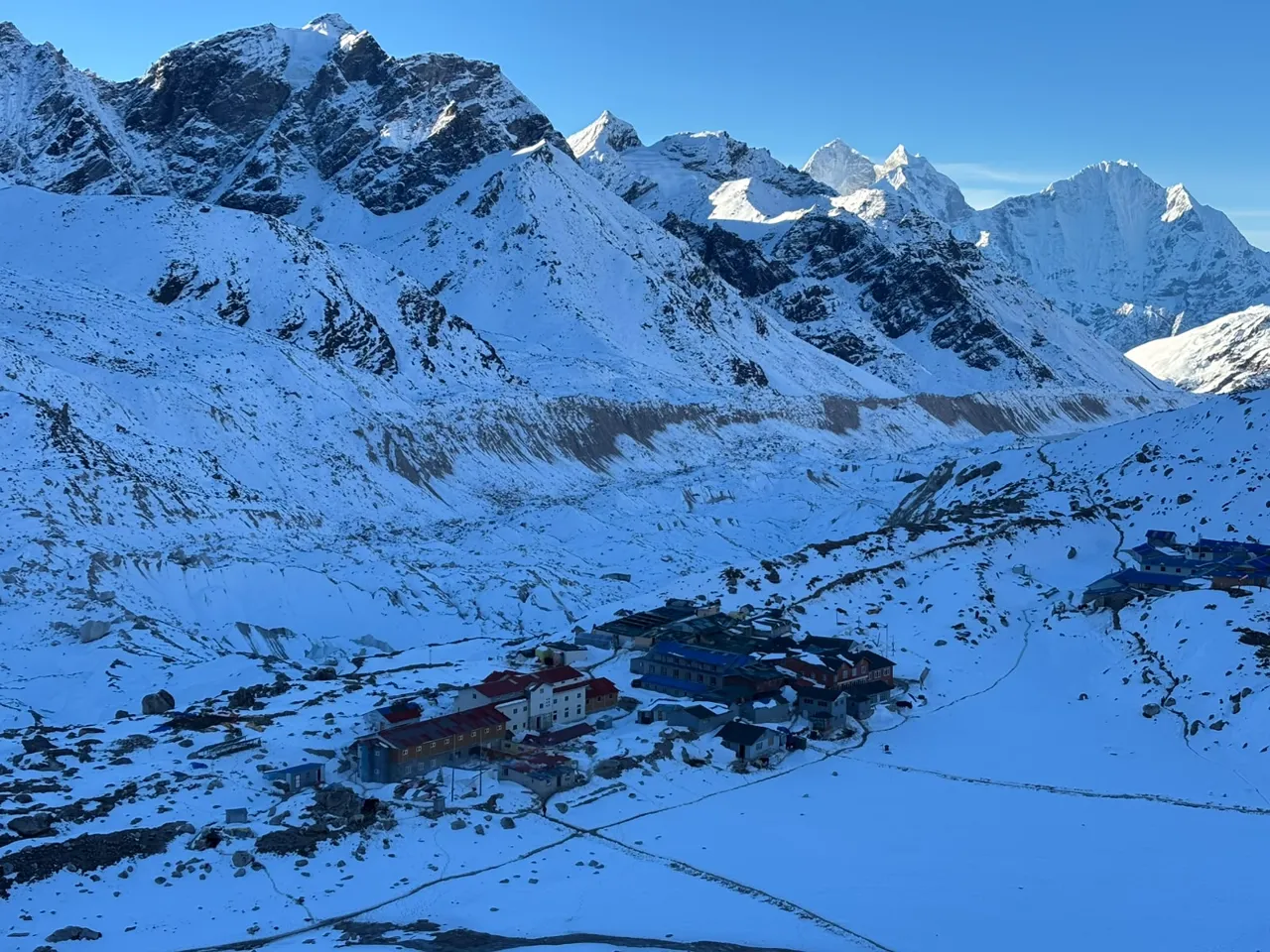 Gorak Shep teahouses and Khumbu Glacier covered in snow in winter