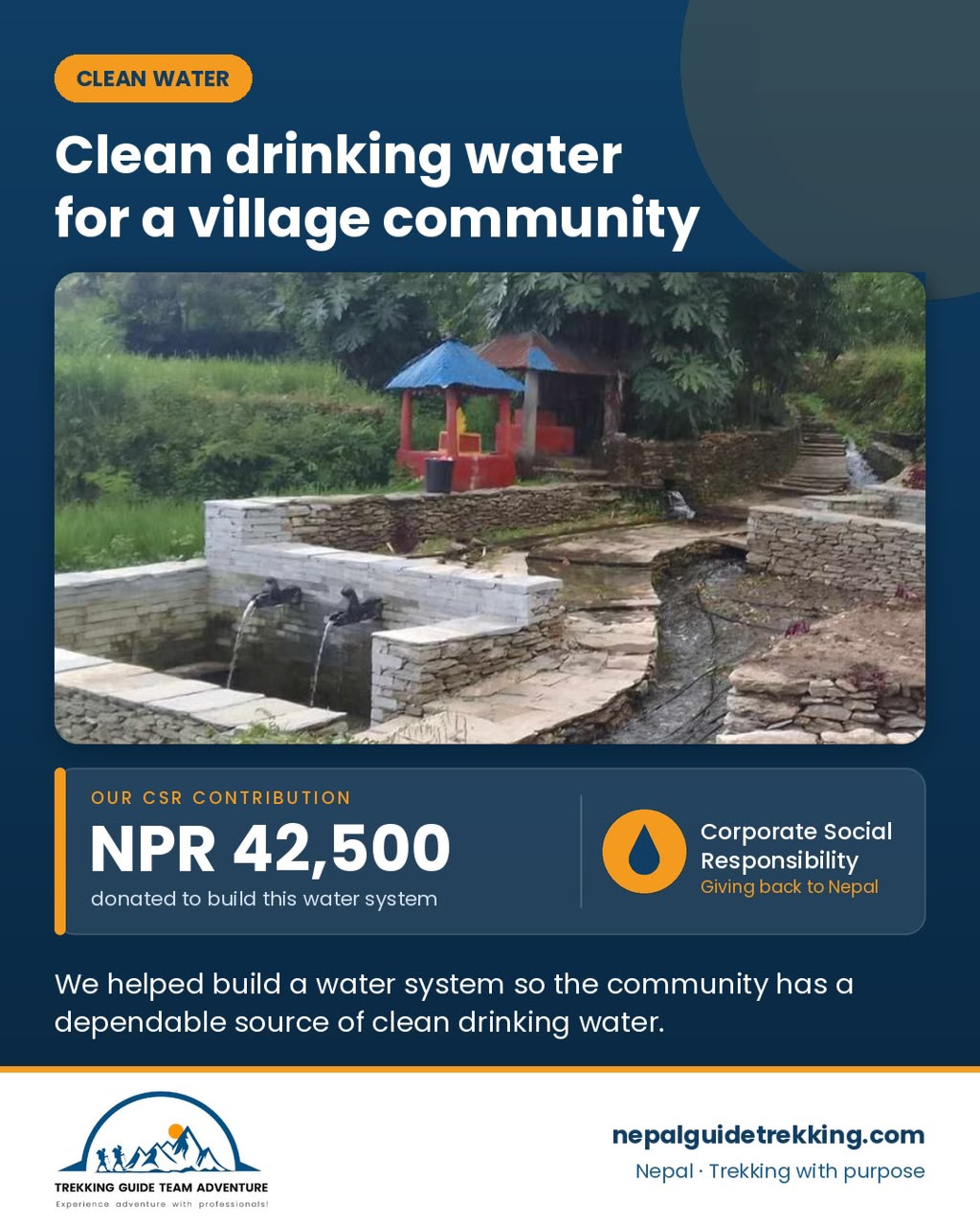 Stone-built village water tap with two spouts running clean water, beside a small shrine in Phulkharka, Dhading, Nepal. CSR contribution of NPR 42,500 by Trekking Guide Team Adventure