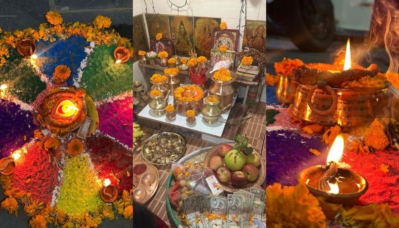 A picture showcasing the diyo - a type of candle with oil, and other laxmi puja day photos