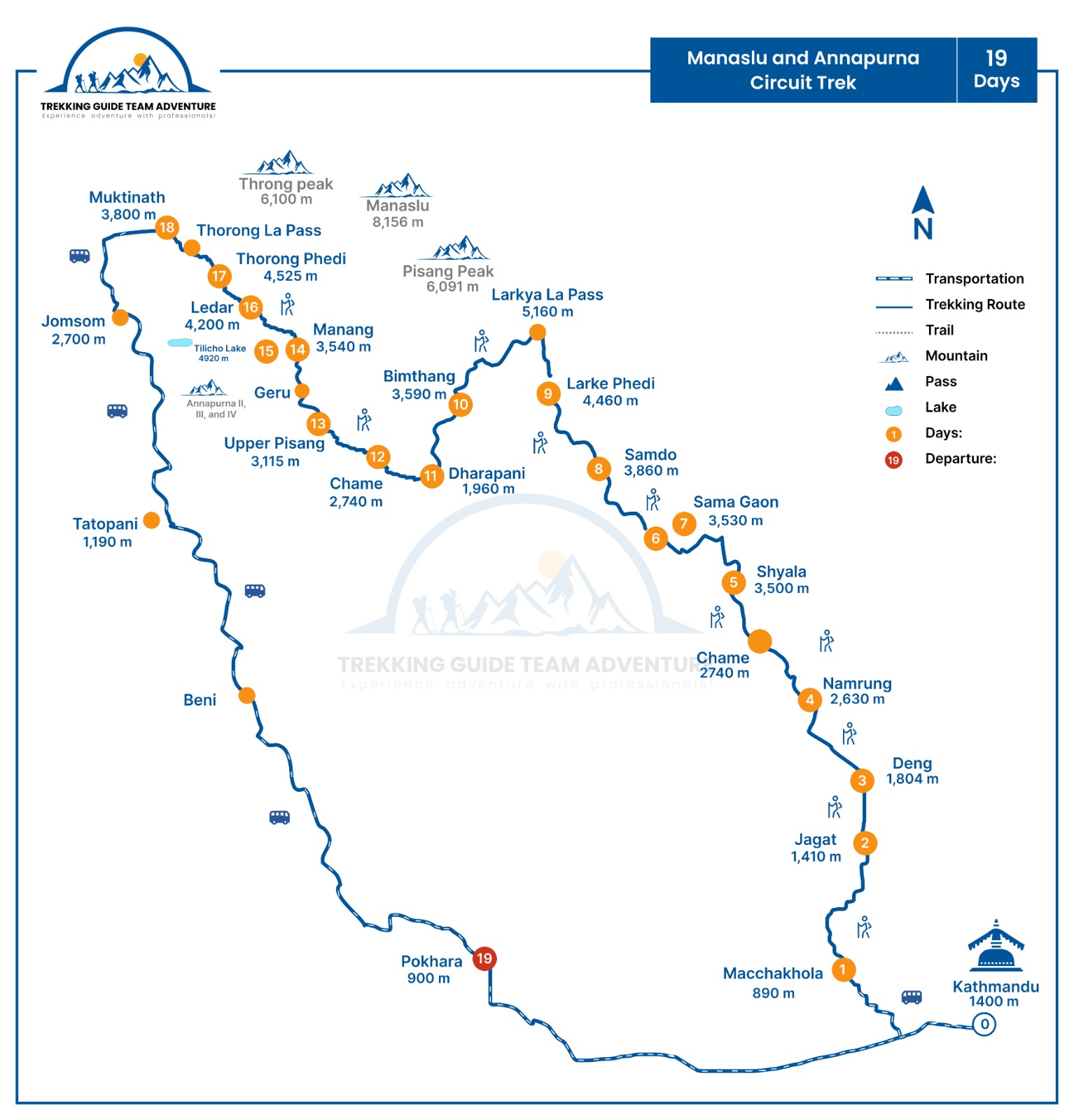 Route map of the combined Manaslu and Annapurna Circuit trek showing Larke Pass and Thorong La
