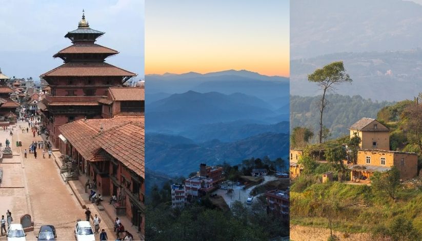 An image showing pictures of Patan Durbar Square. Nagarkot Sunrise and Village area