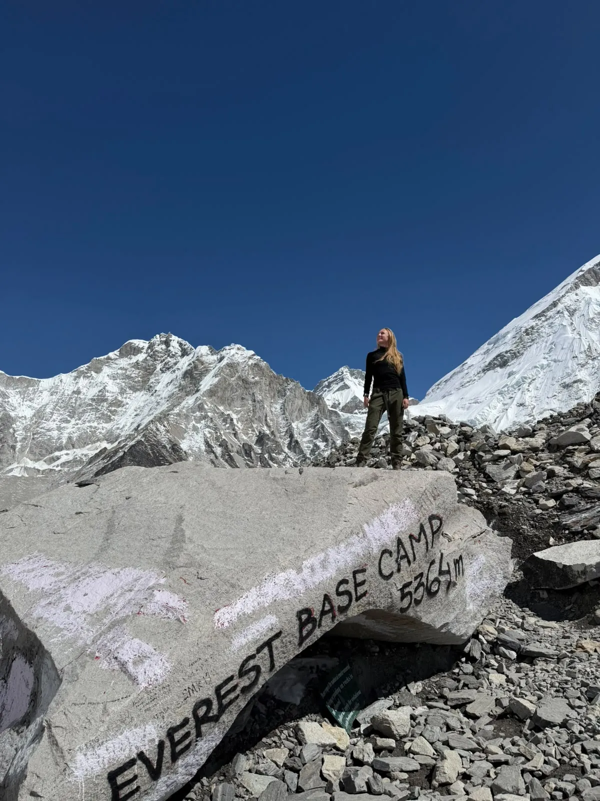 Trekker standing on the Everest Base Camp rock at 5,364 m